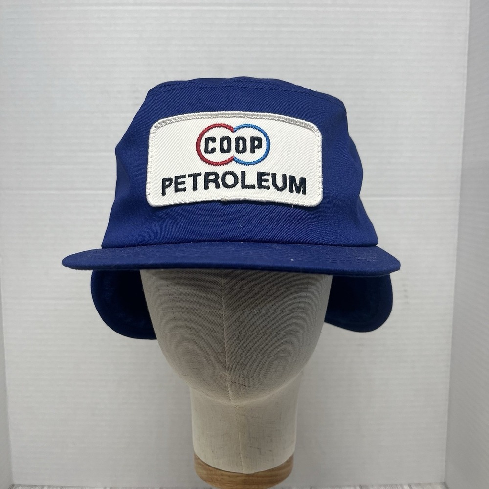 Vintage K-Brand Coop Petroleum Winter Hat Cap Ear Flaps Blue Made In USA Med LG